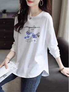 Autumn Long Sleeve Womens T-shirt Loose Fit Pure Cotton White Print Top Comfortable Base Layer Shirt Commute Style round Neck