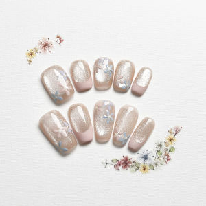 Handmade Cat Eye Powder French Style Hand-Painted Wearable Nails Small Flowers Brightening White High-End Feeling 816