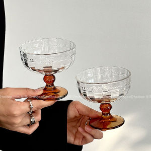 Retro Embossed Glass Highball Cup Ice Cream Dessert Cup Small Niche Mid-Century Ice Cream Bowl Yogurt Bowl Snack Cup