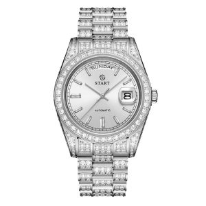 START Mens Watch Swiss Automatic Mechanical Movement Diamond Watch Waterproof Date Day Butterfly Buckle Strap Golden Watch