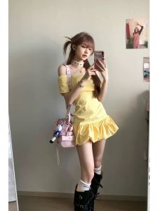 Sweet Yellow One-Shoulder Dress Womens Summer New French Style High Waist A-Line Skirt Short Flared Skirt Commute Style