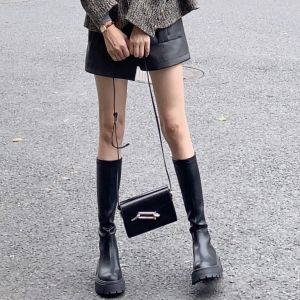 รองเท้าบูทสตรีทสไตล์กnight ทรงหัวมน ส้นสูง รองเท้าบูททรงยาวถึงเข่า หนังแท้ ทรงหัวมน ทรงหัวมน ทรงหัวมน