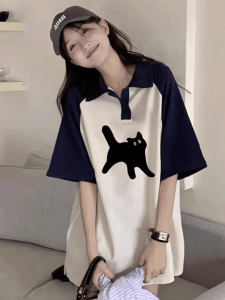 Color Block Polo Shirt Short Sleeve Loose Fit Summer T-Shirt for Teenage Girls Korean Style Cotton Casual Print Top