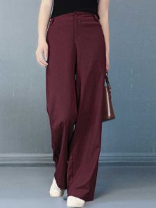 เรียบหรู ผ้าฝ้าย ผ้าลินิน ขากว้าง กางเกง สูง เอว ตัดตรง ลำลอง กางเกงขายาว สําหรับผู้หญิงต่อต้านวัย พรางหุ่น กางเกงขายาว