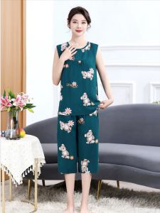 Bộ Hai Món Mùa Hè Nhân Tạo Cotton Vải Bông Quần Áo Nữ Dành Cho Các Bà Mẹ Từ 60-70 Tuổi Bà Nội Cotton Vải Bông Lụa Capri Quần