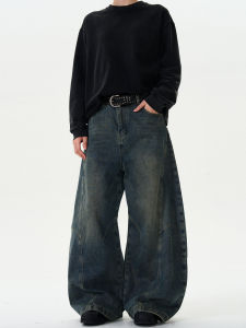 กางเกงยีนส์ทรงหลวมสไตล์อเมริกันย้อนยุคสำหรับผู้ชาย กางเกงขายาวทรงหลวมสบาย ๆ ทรงเอวกลาง ทรงเข้ารูป ทรงตรง ด้ายกาว