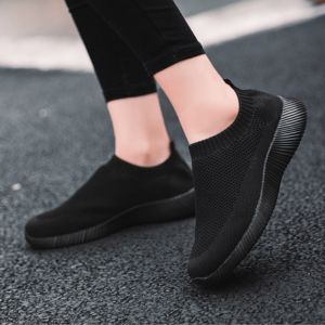 New Korean Style Slip On Sneakers For Women Lightweight Low Top Breathable Flat Casual All Black Rubber Shoes
