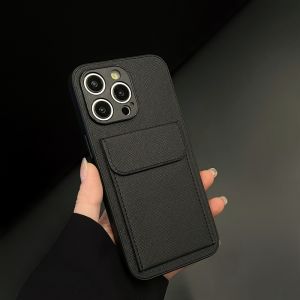 Black Magnetic Absorption Card Holder Phone Case with Cross Pattern Full Cover Soft Silicone for 16Promax 14 Anti-Fall Business Couple 17 High End Feels