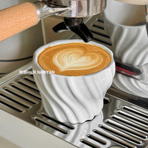 French Vintage Relief Ceramic Coffee Cup Irregular Handheld Diagonal Stripe High Aesthetic Value Afternoon Tea Niche