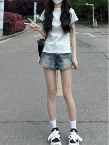 กางเกงขาสั้นยีนส์ทรงเอเอวสูงสำหรับผู้หญิงในช่วงฤดูร้อน กางเกงขาสั้นทรงเอขากว้างเอวยางยืด กางเกงขาสั้นทรงเอเอวสูงทรงสลิมฟิตสำหรับผู้หญิง