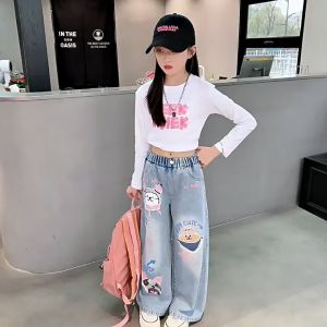 Jeans for Kids Girls 7-16 Years Old Flared Pants for Teens Girls Cartoon Print Flared Pants Wide Leg Jeans Maong Pants Loose Denim Temperament pants Pants Aesthetics Trousers Pants for Girls