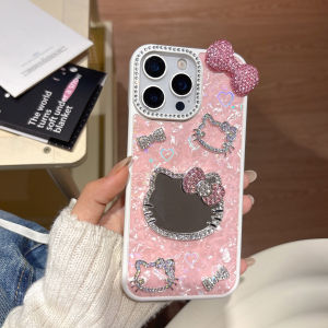 Sanrio | Luxury Diamond Hello Kitty Makeup Mirror Phone Case For iPhone 11 12 13 14 15 16 17 Pro Max Plus Glitter Shockproof Phone Cover