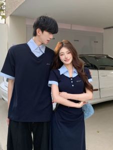 XILANDUO | College Style Couple Set Summer New Clash Color Waist Cinching Versatile Long Dress