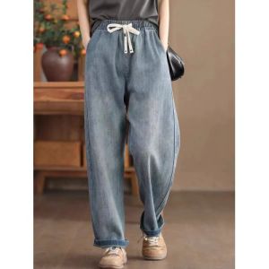 Summer Cotton Denim Pants Womens High Waist Straight Leg Long Trousers Loose Casual Spring New Style Slimming Effect