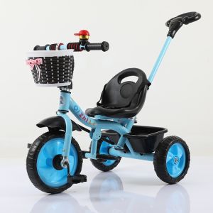 Baby 3 Wheels Kids Stroller Bike with Front and Rear Basket and Push Rod Outdoor Fun Toys