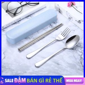 Hộp Thìa Đũa Nĩa inox Cán Dài 17cm cao Cấp sang trọng / Muỗng ăn cơm Thìa Cà phê Thìa ăn cháo Thìa inox Đũa Inox - Hộp 3 Món Muỗng Đũa Dĩa Mang Du Lịch Đi Picnic Dã Ngoại Màu Pastel Tiện Lợi