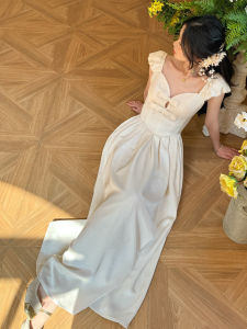 French Style Satin Long Dress Hollow out High Waist Design Summer Evening Party Gown Elegant Ladylike Thousand Gold Wind