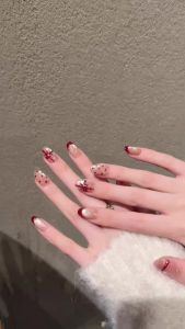 10pcs Handmade Fake Nails Short Oval Press On Nails Shiny Gold Powder False Nails French Wave point simple design