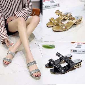 New Women Summer Breathable Slip On Sandals WIth Heels Korean Style Comfort Open Toe Mid-Heels Sequin Sandals For Women On Sale