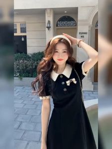 Black polo Dress Mid-length Soft Lightweight High Waisted Dress French style Loose Small Fresh Short Skirt