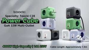 Toocki | Toocki 33W GaN Power Strip Cube 4 AC Outlets 2 USB C 1 USB A PPS QC3.0 Fast Charger 4000W Extension Grounded Socket Adapter
