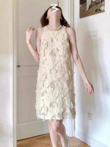 ชุดเดรสยาวแขนกุดสไตล์ฝรั่งเศสสำหรับผู้หญิงในฤดูร้อน กระโปรงทรงเอเอวสูง คอกลม สีพื้น ชุดทำงาน ชุดเดรสยาวปานกลาง