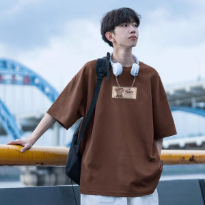 เสื้อยืดคอกลมแขนสั้นผ้าฝ้ายแท้สไตล์อเมริกันสำหรับผู้ชายในช่วงฤดูร้อน เสื้อเชิ้ตแขนสั้นสีเทาทองคำแบบหลวมๆ สวมใส่สบายๆ ทุกวัน