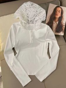 BINKAFENNY | White Lace Splice Long Sleeve T-Shirt Womens Autumn Chic Sweet And Spicy Slim Fit Pure Desire Short Top Korean Style Commute