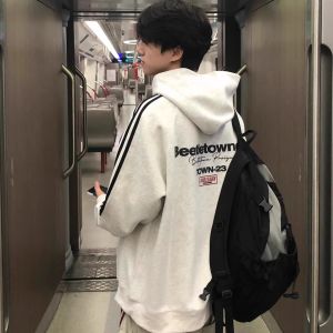 Retro American Streetwear Hoodie Mens Fleece Lined Striped Three Stripe Sweatshirt Casual Autumn Winter Outfit for Couples