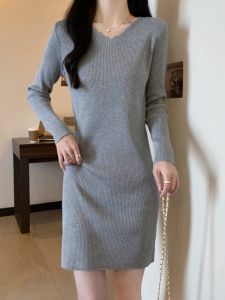 K-style V Neck Pure Color Inner Wear Knitted Dress Female Fall and Winter Plus Size Fat Sister Fashion All-Match Slimming Long Woolen Skirt
