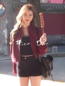 แจ็คเก็ตหนังสีแดง Rixo Dore ดีไซน์ย้อนยุคสไตล์ฝรั่งเศส สำหรับผู้หญิงวัย 25-35 ปี ฤดูใบไม้ร่วง 2024 แขนยาว ผ้าอื่นๆ