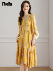 puella | Yellow Floral Chiffon Dress High Waist Slim V-Neck Mid-Length