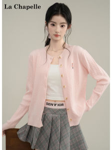 La Chapelle | Pink Bear Embroidery Cute Slimming Round Neck Knit Cardigan