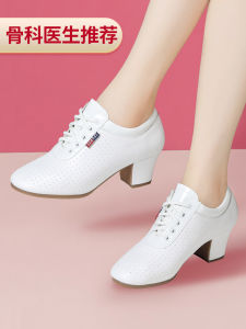 Genuine Leather Latin Dance Shoes Womens Medium Heel Training Square Dance Shoes Teacher Shoe Comfortable Fitness Sport Shoes