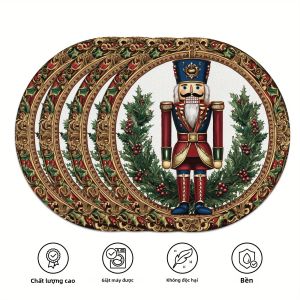 VIKAMA 4PC Holly Berry Nutcracker Bữa Ăn Giáng Sinh Thảm Trang Trí Bàn Bằng Vải Polyester Không Dệt Cho Nhà Hàng Và Máy Tính Để Bàn