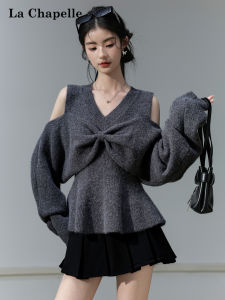 La Chapelle | Lazy Style Bow Design V-Neck Off-Shoulder Soft Knitwear