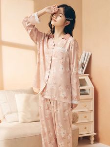 Bộ đồ ngủ nữ LUNILAI dài tay in hoa vải chất liệu polyester spandex