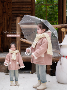 Domikids Thickened Pink Fur Leather Integrated Short Coat for Girls Baby Corn Button Buckle Thickened Korean Style Polyester Fiber Coat