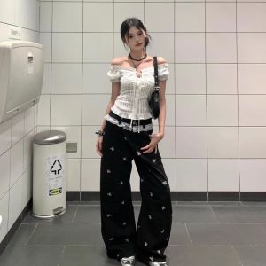 VKSOD | Pure Desire Lace Trim Short Sleeve White Shirt Womens Summer Butterfly Knot Black Wide Leg Pants Two-Piece Set VKSOd E5013-AN3443