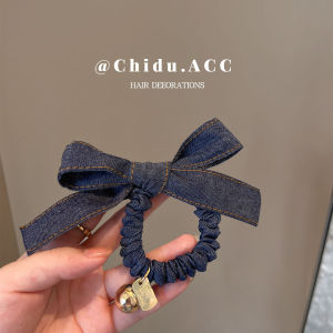 ยางรัดผมผ้าเดนิม หัวเข็มขัดผีเสื้อ ทรงใหม่ฤดูใบไม้ร่วง/ฤดูหนาว ยางรัดผมยืดหยุ่นสูง ไม่ทำลายผม หัวเข็มขัดรัดผม เครื่องประดับผม