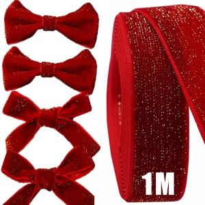 🎄Ready Stock🎄1M/Roll Wide Red Gold Ribbons Sewing Fabric Gift Velvet Ribbon None Stretch Velour Ribbons Handmade Gift Webbing DIY Accessories