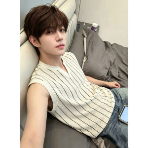 OUMULONG | Breathable Cool Feeling Striped V-Neck Sleeveless Vest for Summer