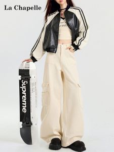 กางเกงยีนส์ทรงหลวมสไตล์อเมริกันสำหรับผู้หญิง กางเกงขายาวทรงหลวมพิมพ์ลายฤดูใบไม้ผลิและฤดูใบไม้ร่วง ปี 2024 กระเป๋าหลายช่อง กางเกงยีนส์ขาตรง