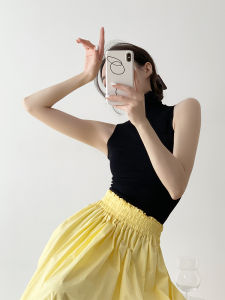 Black Mock-Neck Knitting Vest Womens Summer Sleeveless T-shirt Inner Waistcoat Silm Bottoming Slimming Tops