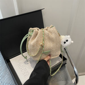 Fashionable Woven Straw Bucket Bag Womens Crossbody Shoulder Bag Chain Link Slant Bag Soft Handbag Korean Style Leisure Purse