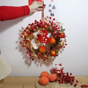 Red Wicker Flower Ring round Artificial Flowers Wintergreen Red Fruit Wealth Fruit Moving Marriage Door Hanging Decoration