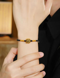 Zhou liu Fu 周六福 24K Vàng nguyên khối Vòng đeo tay rồng hoàng đạo động vật trang sức đen Vòng đeo tay dây bện điều chỉnh đồ trang sức cho nam giới cha con trai sinh nhật kỷ niệm 18 + 6cm a1720886