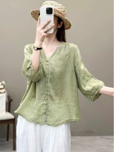 เสื้อเชิ้ตคอวีแขนสั้นผ้าฝ้ายลินินสไตล์ย้อนยุคสำหรับผู้หญิงในฤดูร้อน เสื้อเชิ้ตแขนยาวสามส่วนที่สวมใส่ได้หลากหลาย ทรงหลวม แขนพอง ปกติ