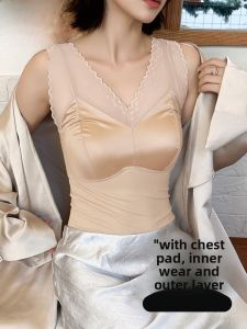 miiow | Elegant Lace Satin Camisole Tank Top Women Summer Anti-Light Breast Pad Included Outerwear Short Sleeve Solid Color Commute Style