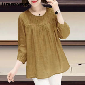 IRENASTORY Shirt for Women Cotton Solid Color Round Neck Shirt Loose Plus Size Top